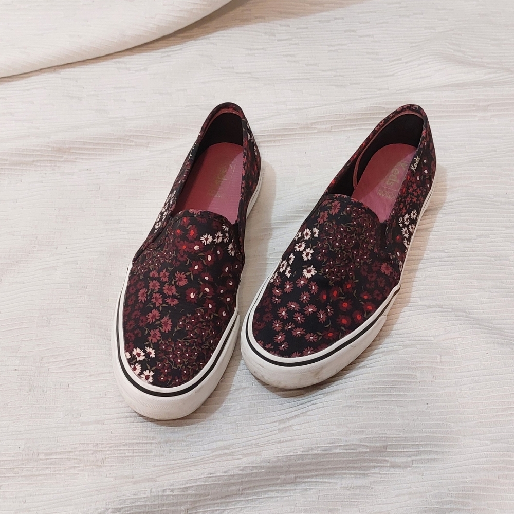 Keds Slip-On Floral Sneakers - Burgundy & Black Size 9